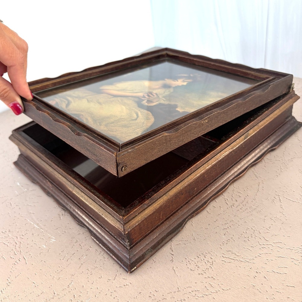 Vintage Wood Jewelry Box Age of Innocence Framed Art Mirror Lid 10x8x3